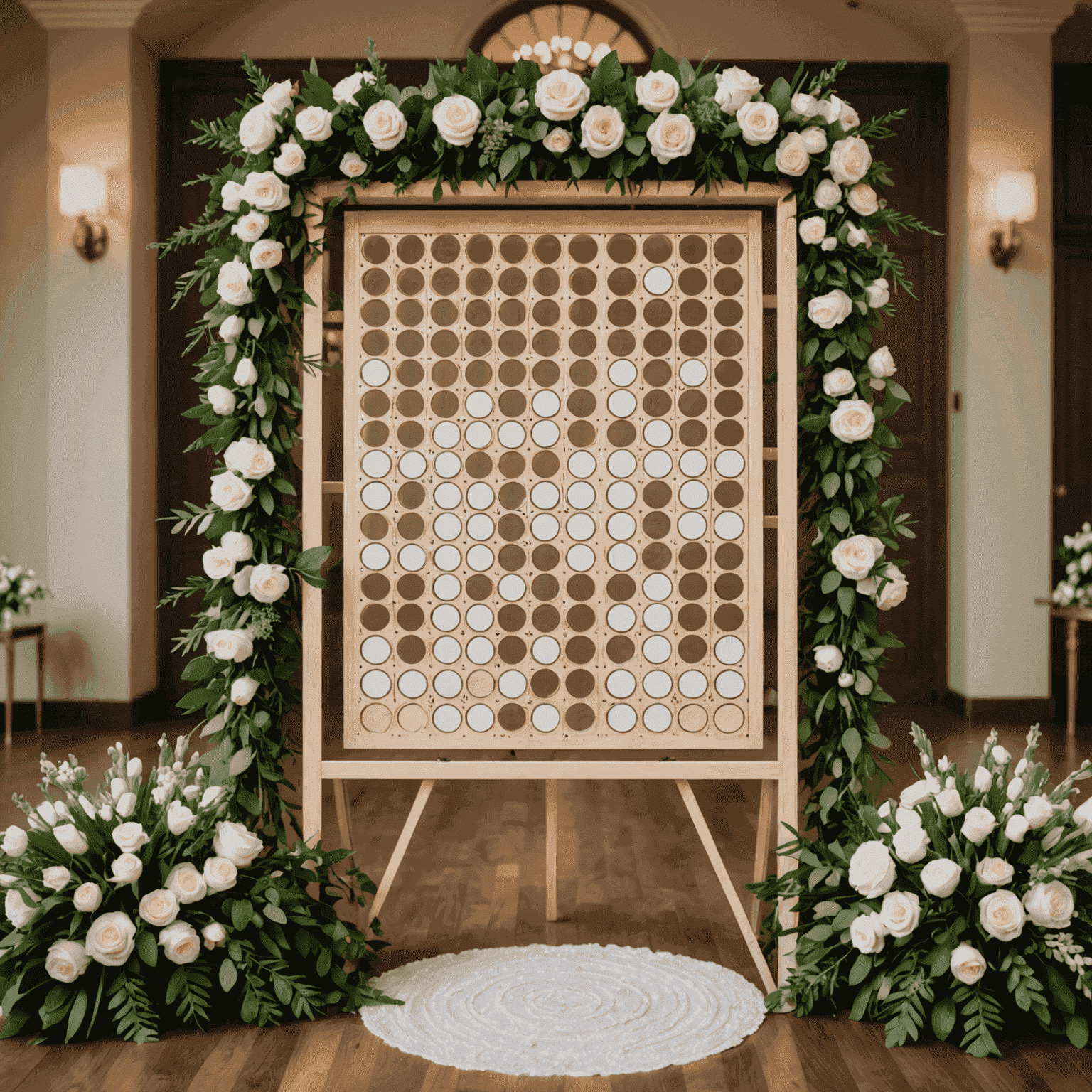 Elegant wedding ceremony setup with a Plinko game board as a centerpiece, surrounded by floral arrangements