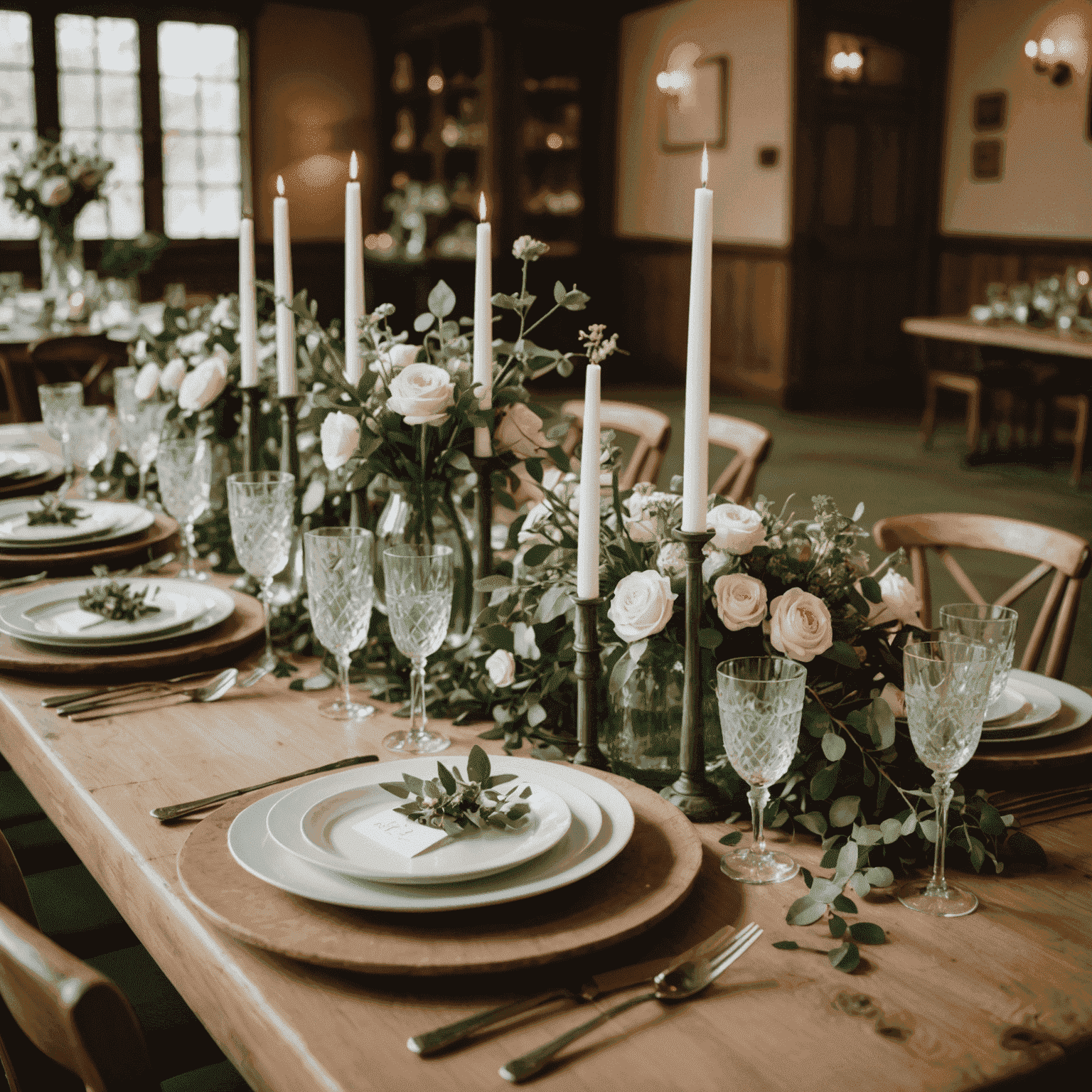 Elegant wedding table setting with sustainable decor, featuring recycled glass centerpieces and locally sourced floral arrangements