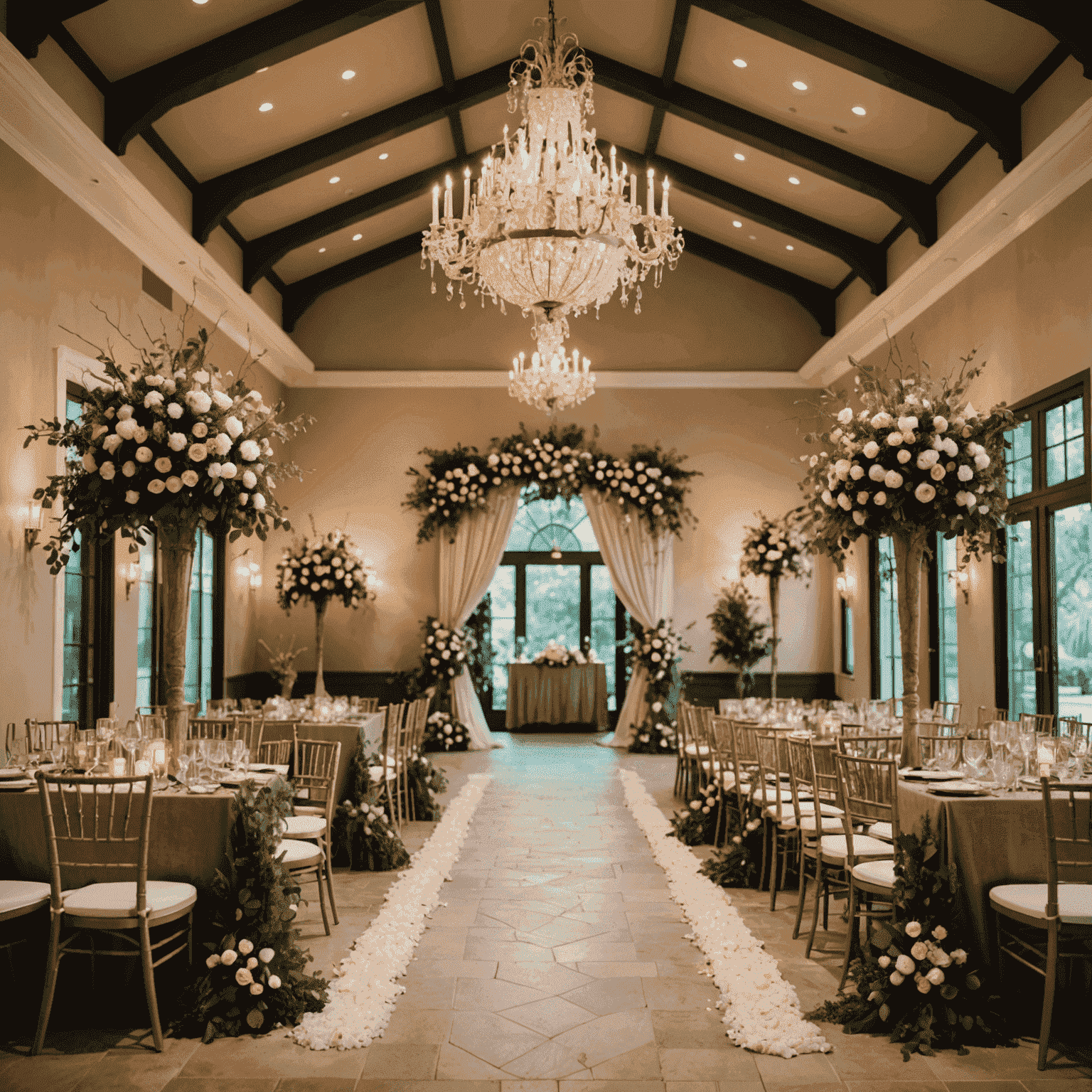 A beautifully decorated wedding venue with floral arrangements, soft lighting, and a romantic atmosphere