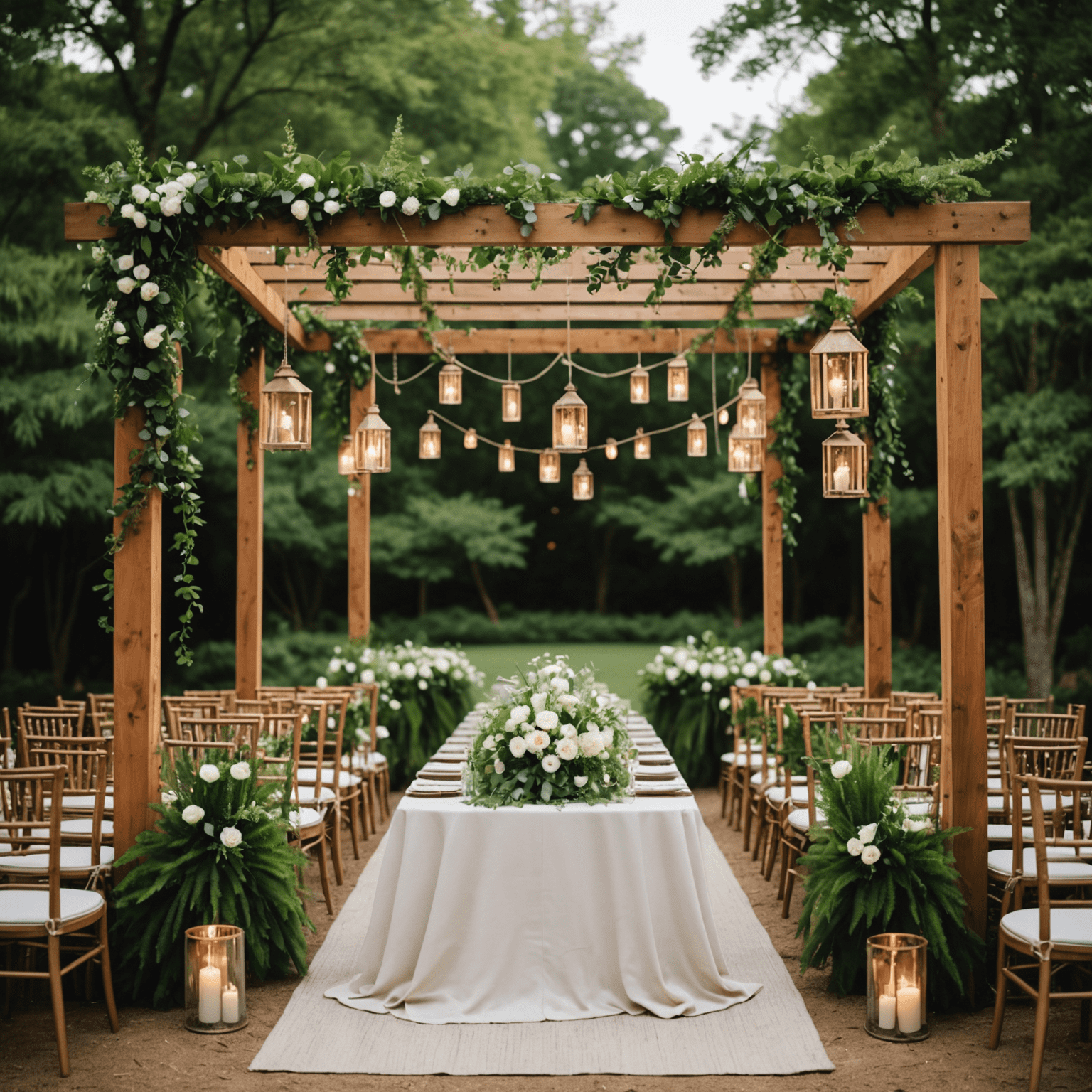 A stunning wedding setup showcasing 2024 trends: sustainable decor, tech integration, and personalized touches. The scene features a beautifully decorated outdoor venue with eco-friendly elements and subtle technological enhancements.