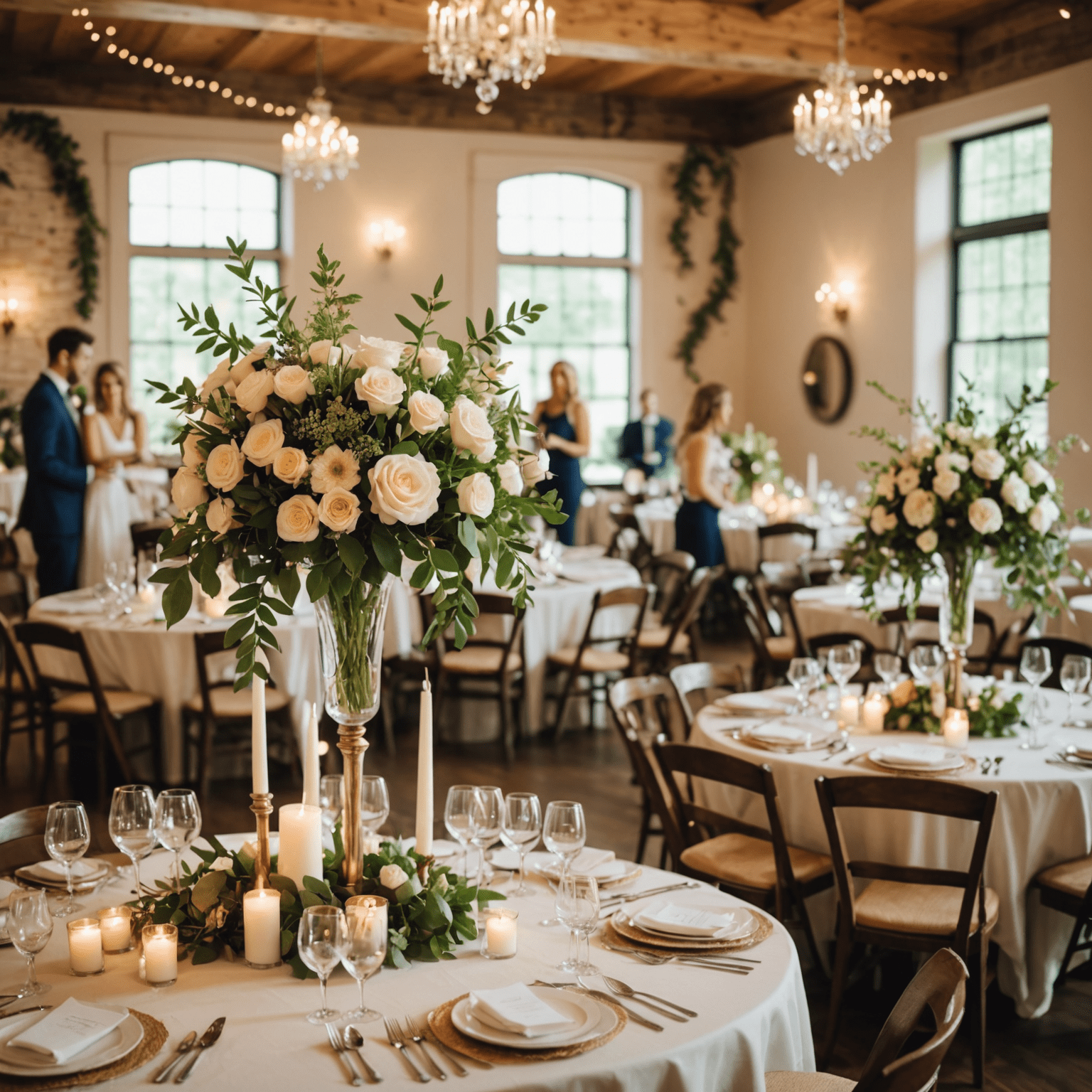 A beautifully decorated wedding reception with affordable centerpieces, DIY decorations, and happy couple in the background