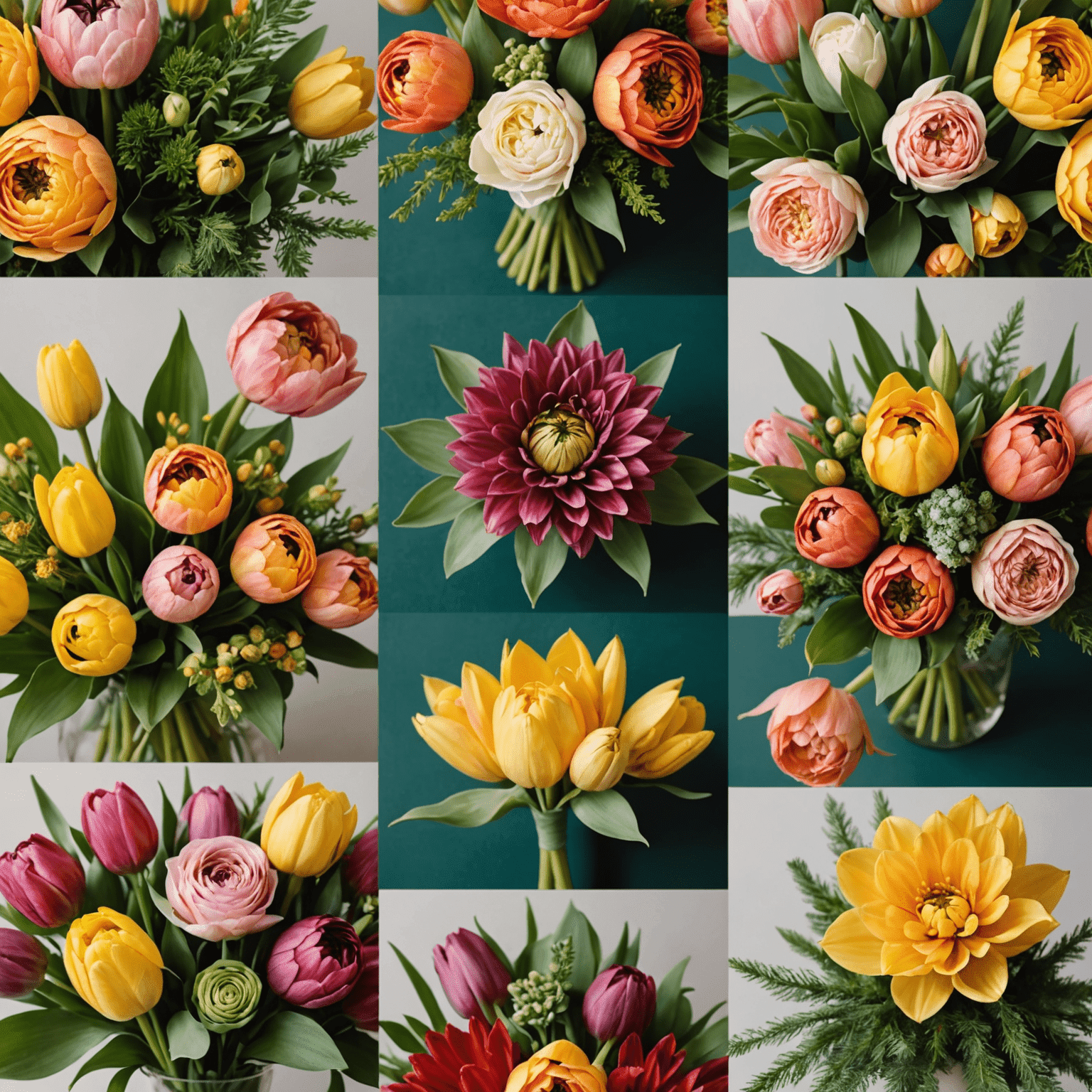 A collage of various seasonal wedding flowers arranged beautifully, showcasing spring tulips, summer roses, autumn dahlias, and winter evergreens