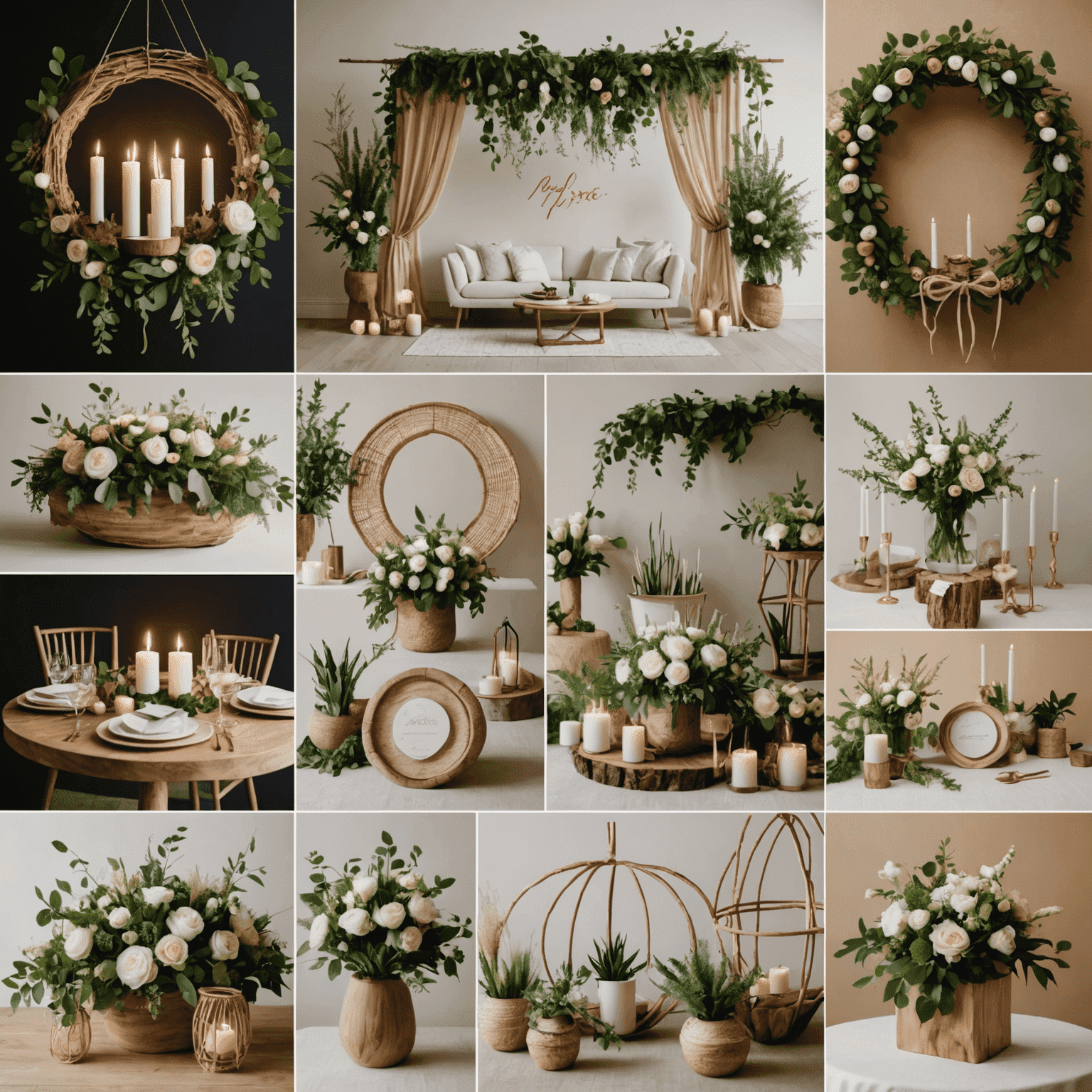 Collage of trendy wedding decor, sustainable elements, and tech gadgets for 2024 weddings