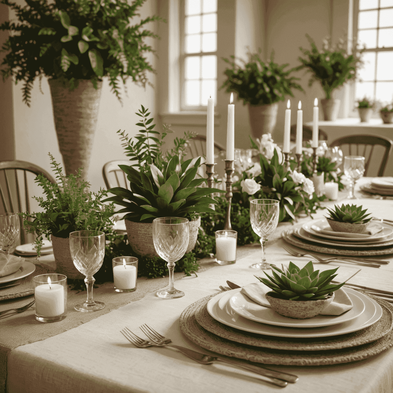 A beautifully decorated wedding table featuring eco-friendly elements such as potted plant centerpieces, biodegradable place settings, and natural fabric table runners.