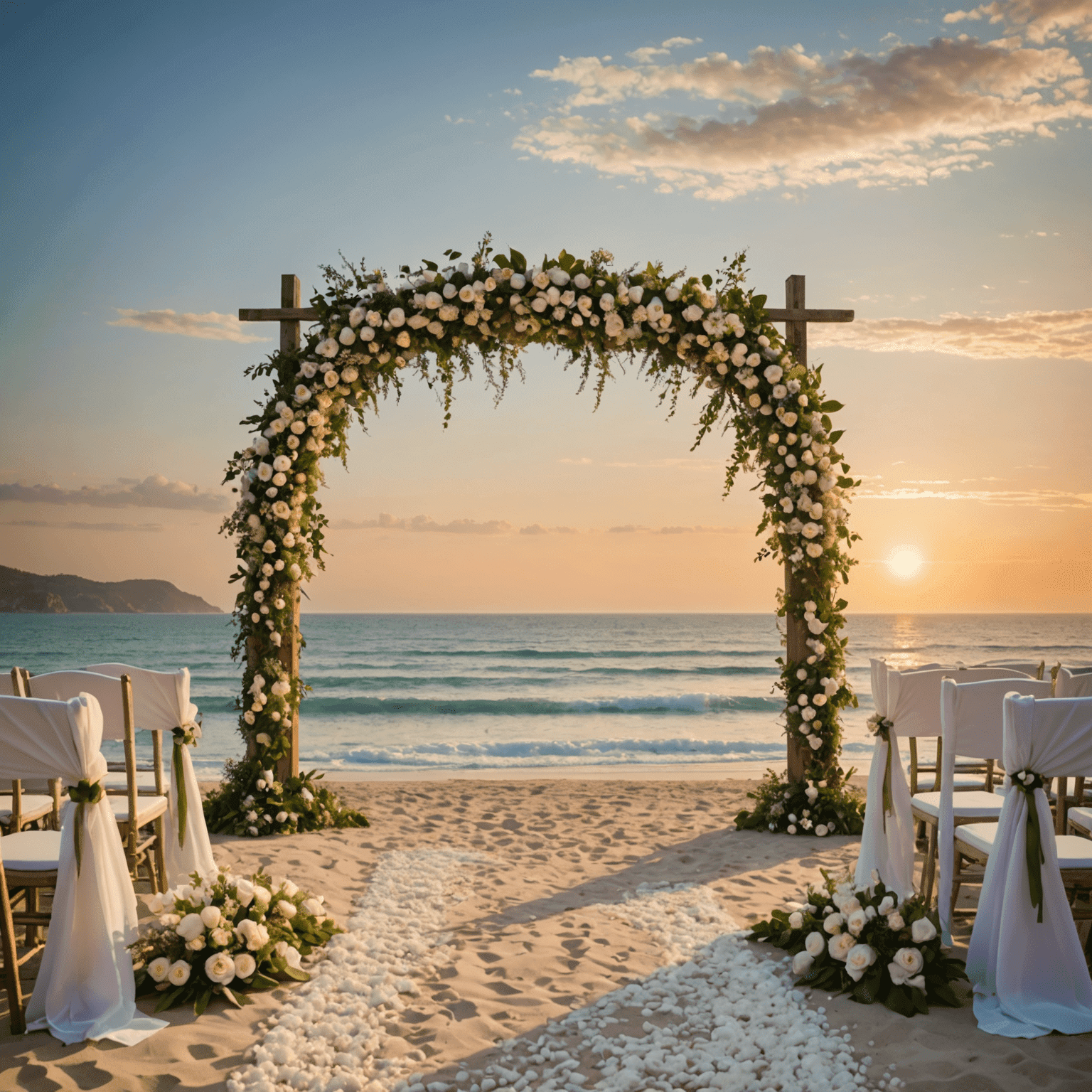 A romantic beach wedding setup with an arch decorated with flowers, overlooking the ocean at sunset