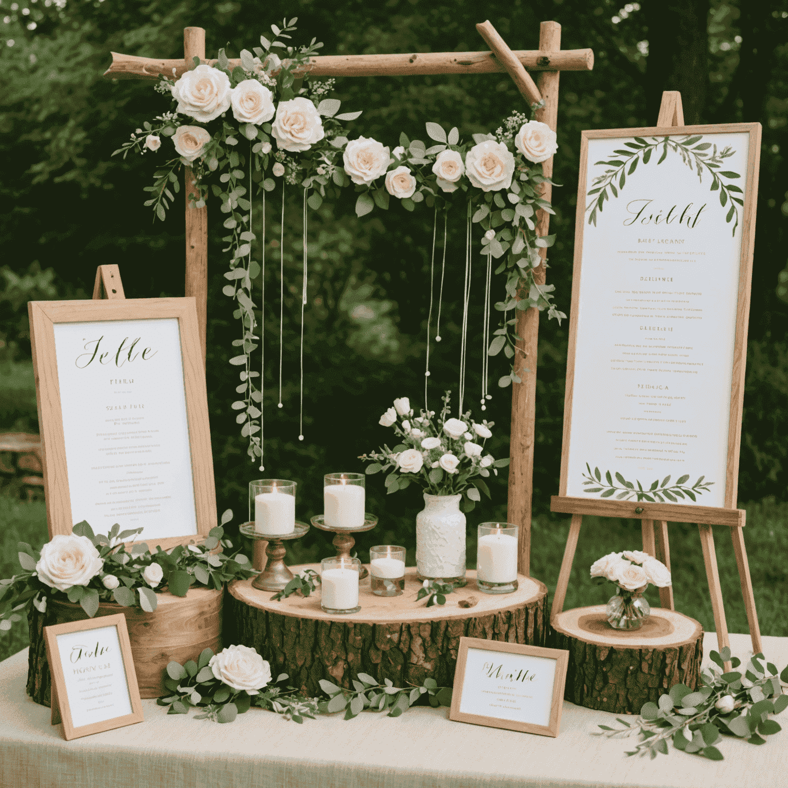 Handmade wedding decorations including floral centerpieces, personalized place cards, and a Plinko-inspired seating chart