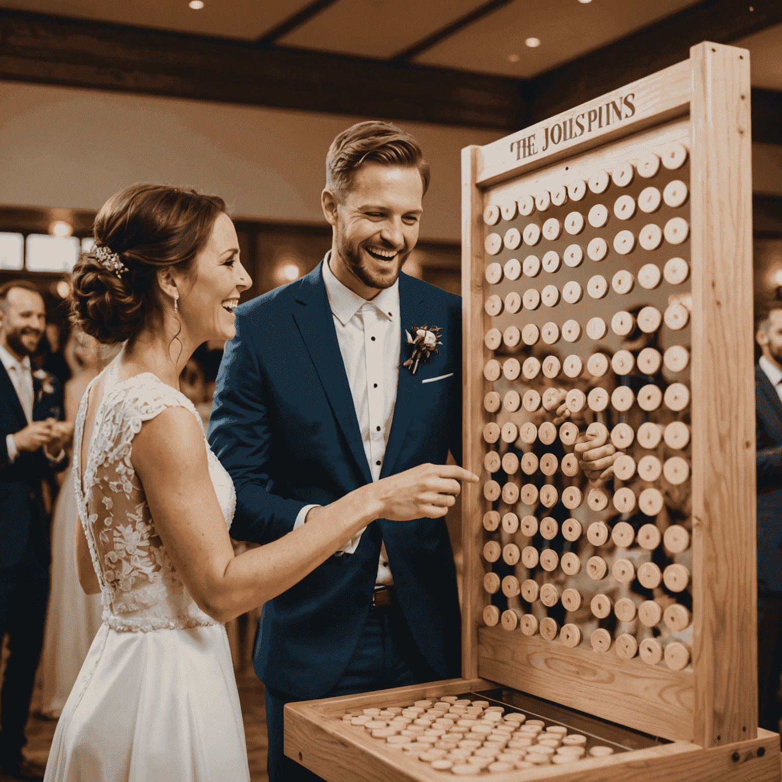 A joyful newlywed couple playing a large Plinko game at their wedding reception, surrounded by cheering guests