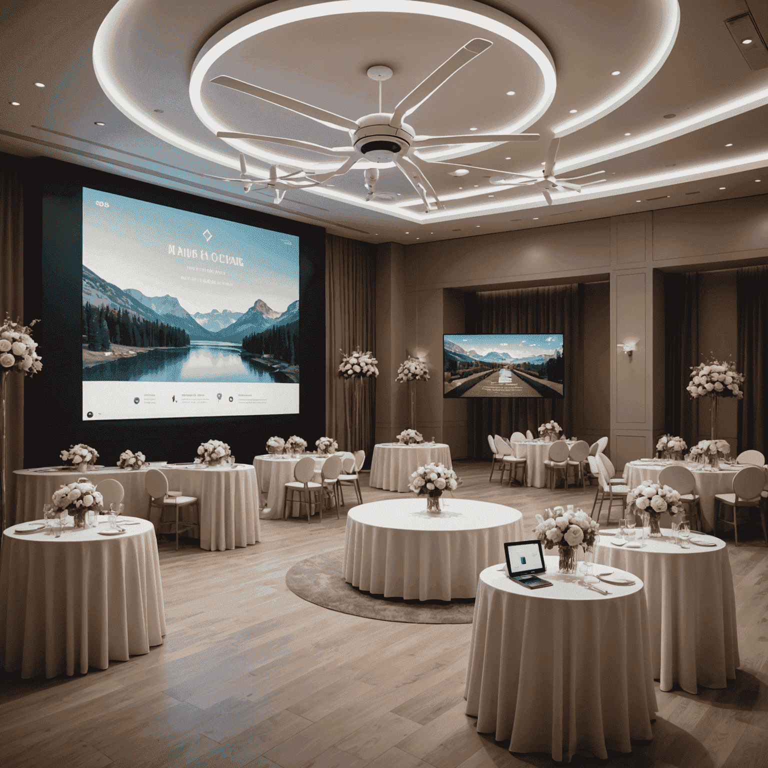 A modern wedding reception area showcasing technological elements: a large interactive screen for a digital guest book, a drone hovering to capture aerial shots, and guests using smartphones to engage with a wedding app.