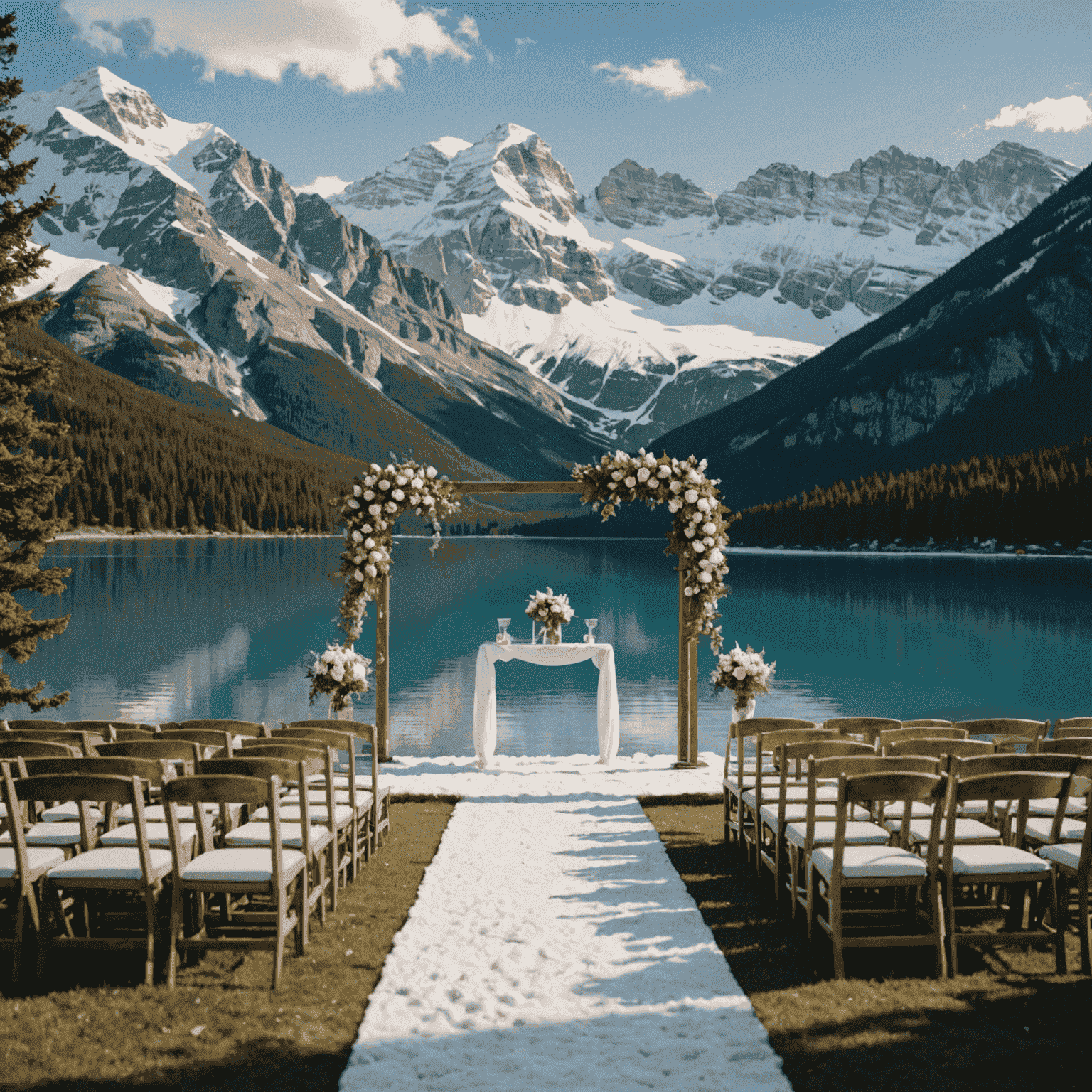 An elegant outdoor wedding ceremony setup with chairs and an altar, backdropped by snow-capped mountains and a crystal-clear lake