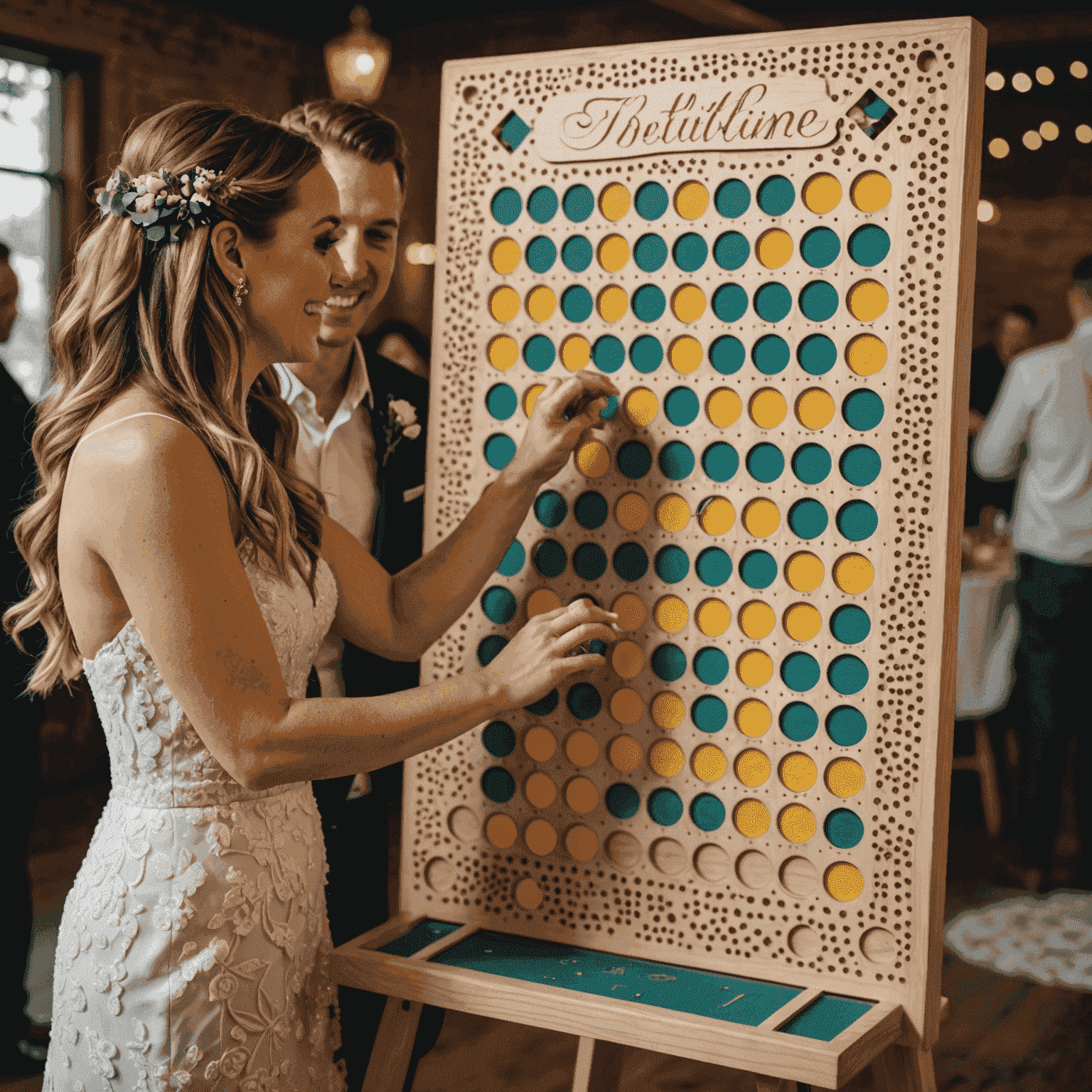 A beautifully decorated Plinko board with wedding-themed prizes and excited guests playing