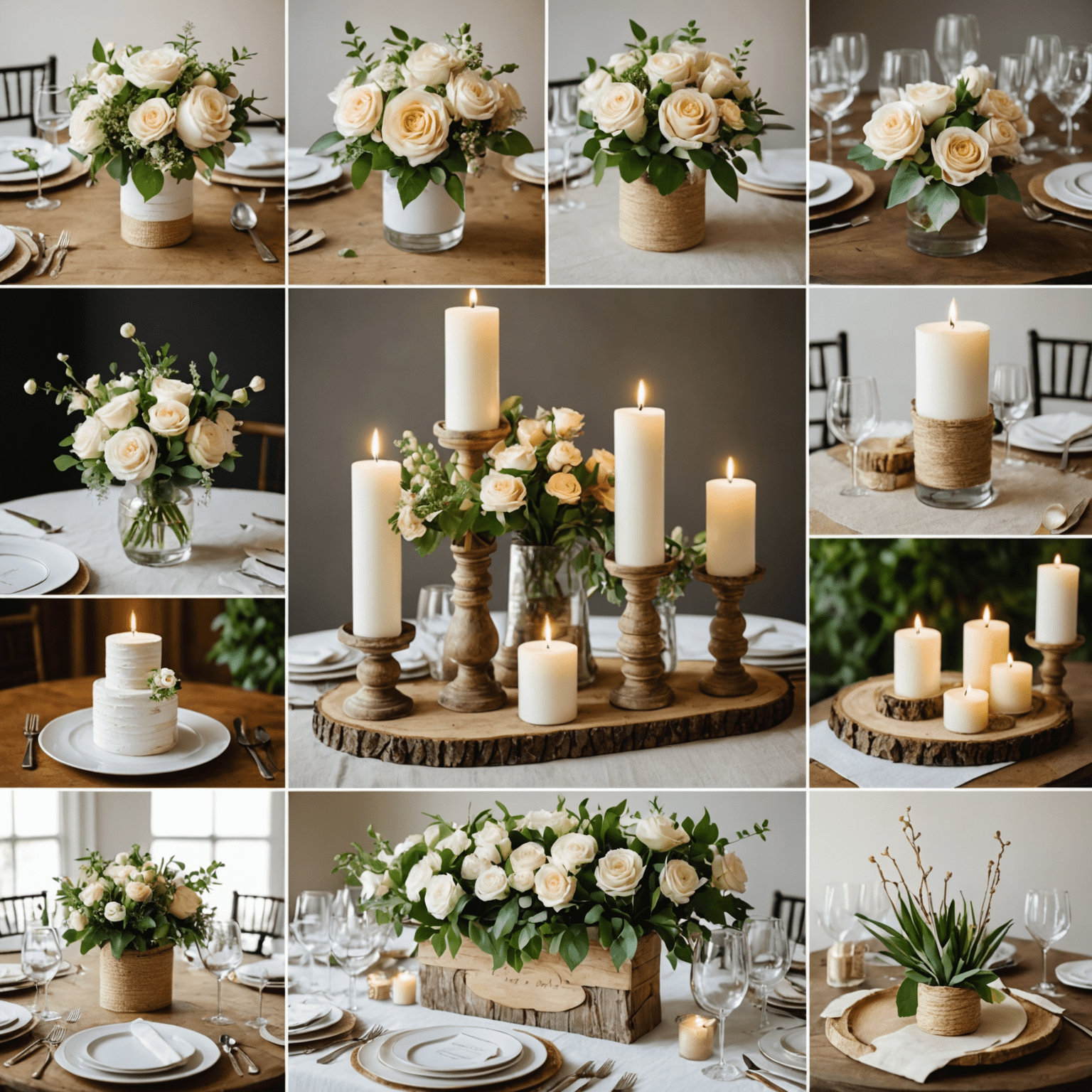 Collage of DIY wedding decorations, affordable centerpieces, and money-saving wedding hacks