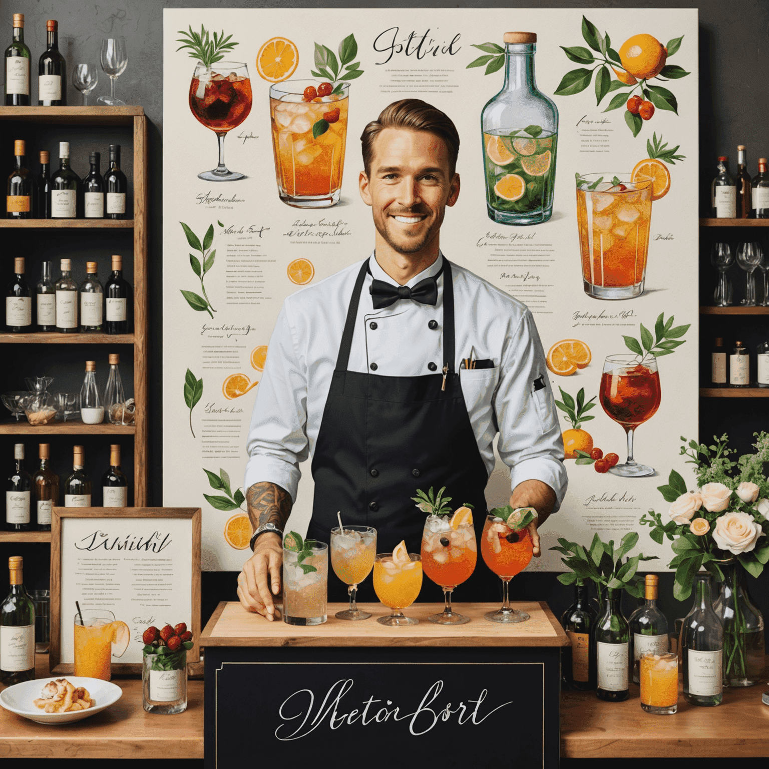 A collage of personalized wedding elements: a custom cocktail bar with the couple's signature drinks, an interactive food station with a chef preparing dishes, and a large illustrated canvas depicting the couple's love story.