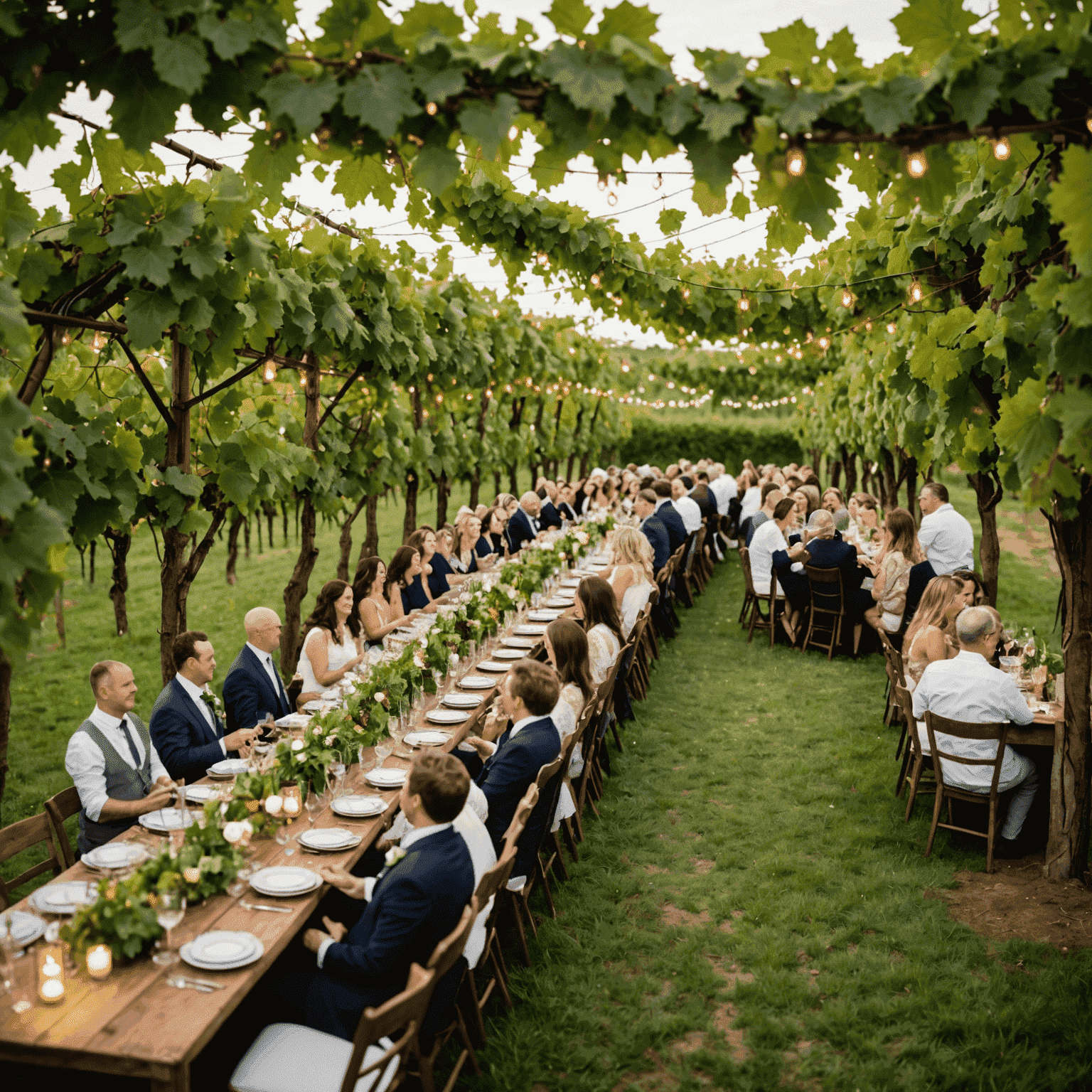 A wedding reception in a vineyard with long tables set up between rows of grapevines, string lights overhead, and guests enjoying wine and food