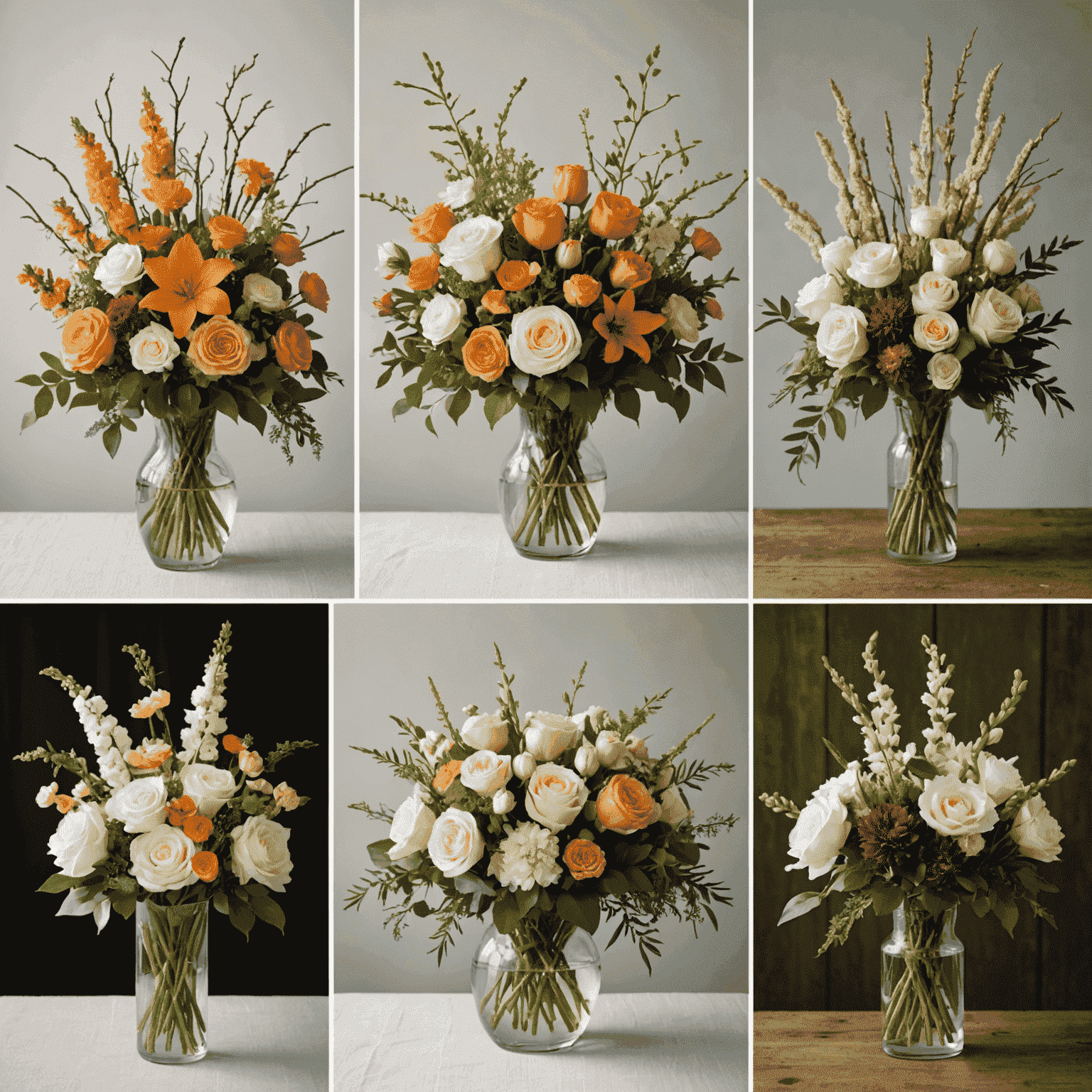 Four-panel image showing different wedding flower arrangements for spring, summer, fall, and winter