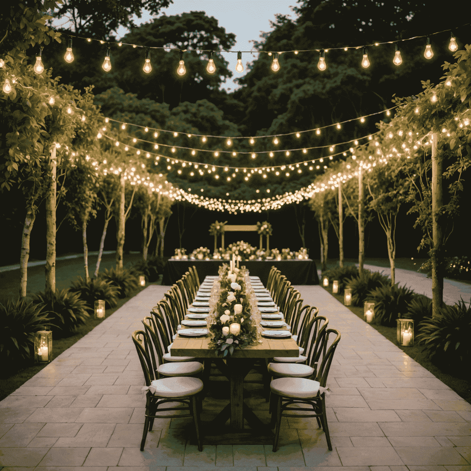 A cozy, elegantly decorated outdoor setting for an intimate wedding, featuring a long banquet table set for about 20 guests, surrounded by twinkling lights and lush greenery.