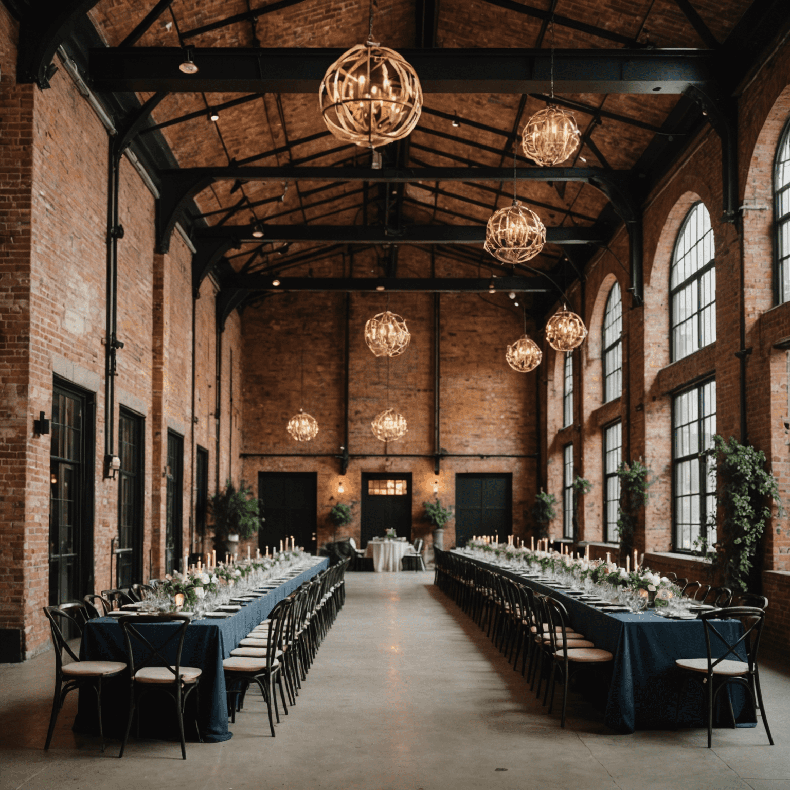 An elegant indoor wedding reception in a converted industrial space with high ceilings, exposed brick walls, and modern decor