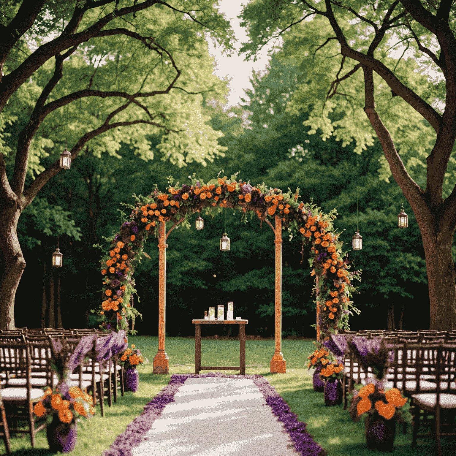 A stunning wedding ceremony setup showcasing a bold color palette: vibrant floral arch in deep purples and bright oranges, bridesmaids in jewel-toned dresses, and colorful lanterns hanging overhead.